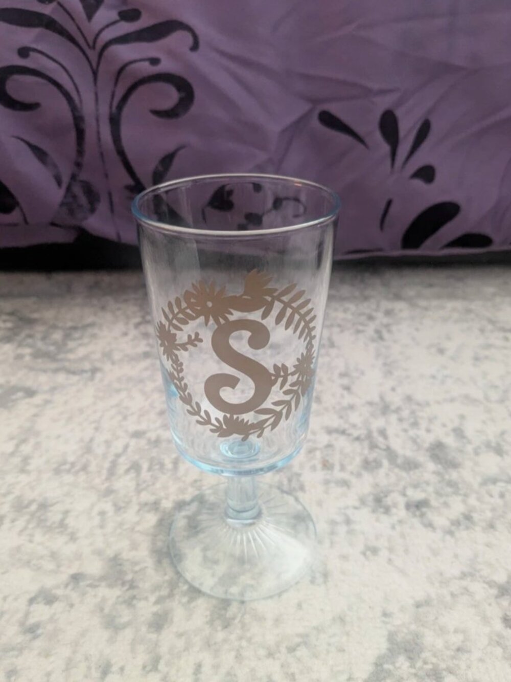 Cordial Stemmed Clear Glass with Gold Monogrammed S with Vine Detail